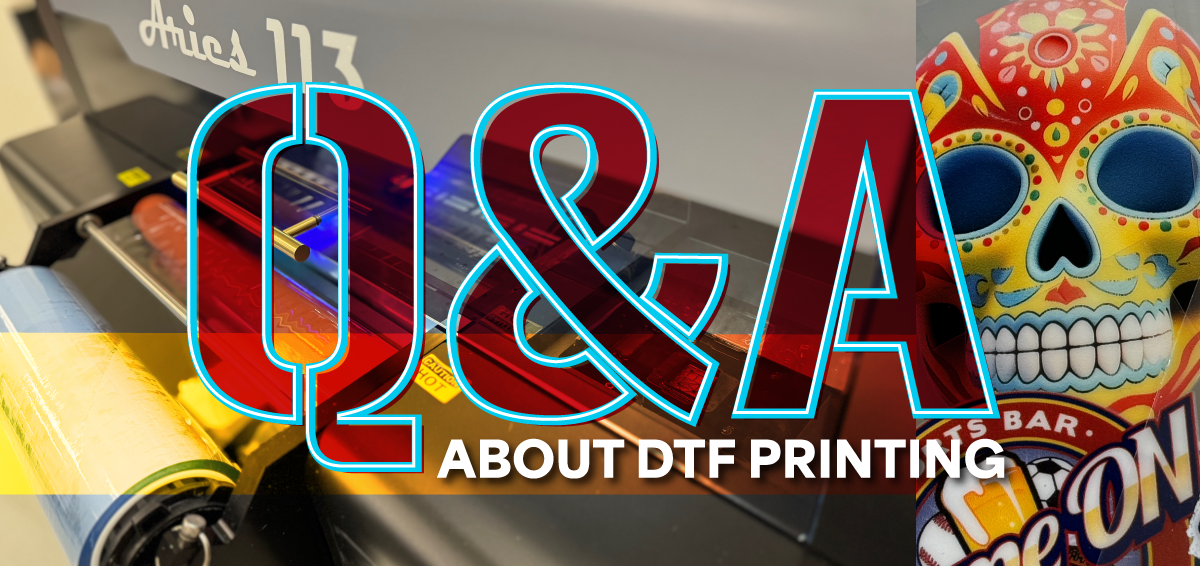 Q&A about DTF Printing graphic with colorful skull designs.