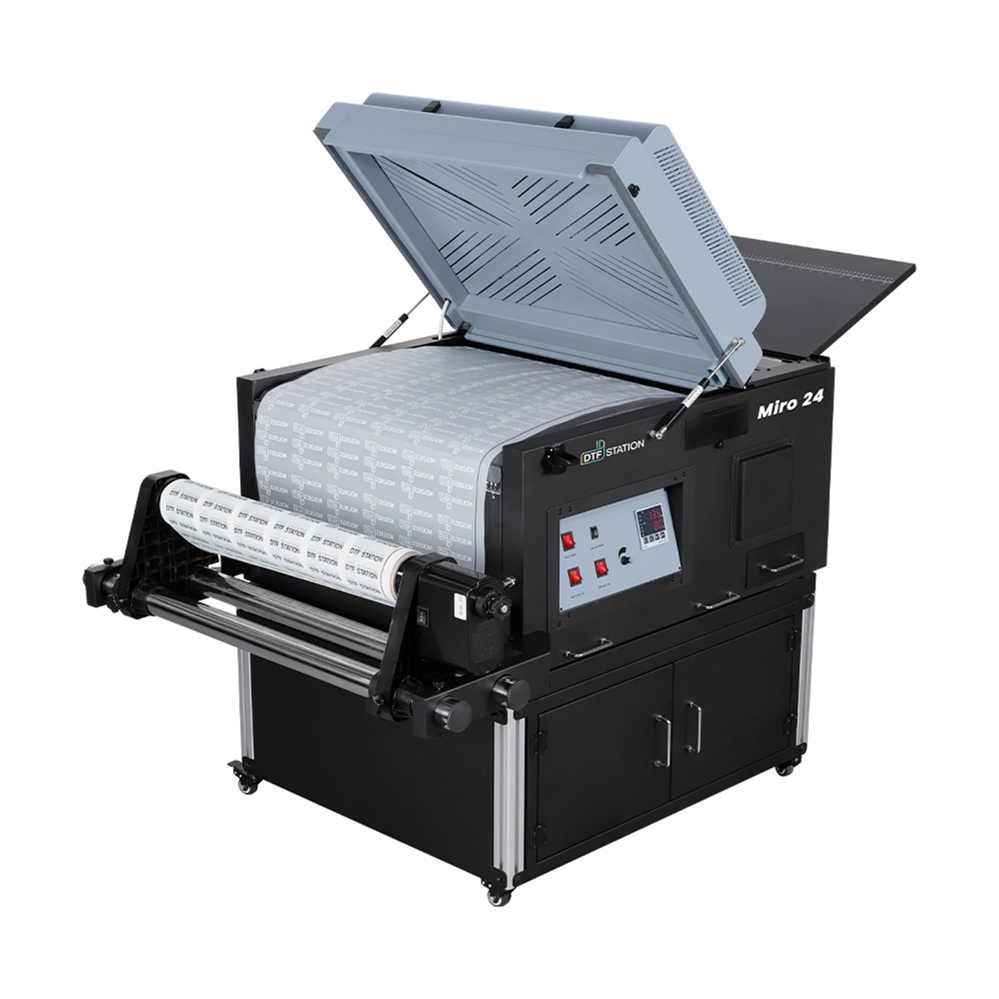 DTF Station Miro 24 DTF Powder Shaker and Dryer with the top cover open, showing the internal heating element and film path.