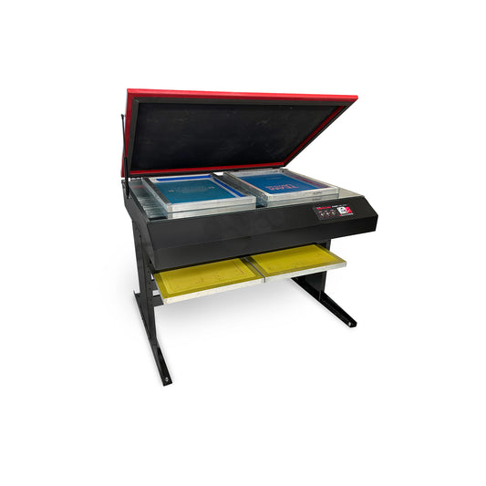 Expo-LED Model 3248 for exposing screen printing images. Shown with optional floor stand and frame holder.