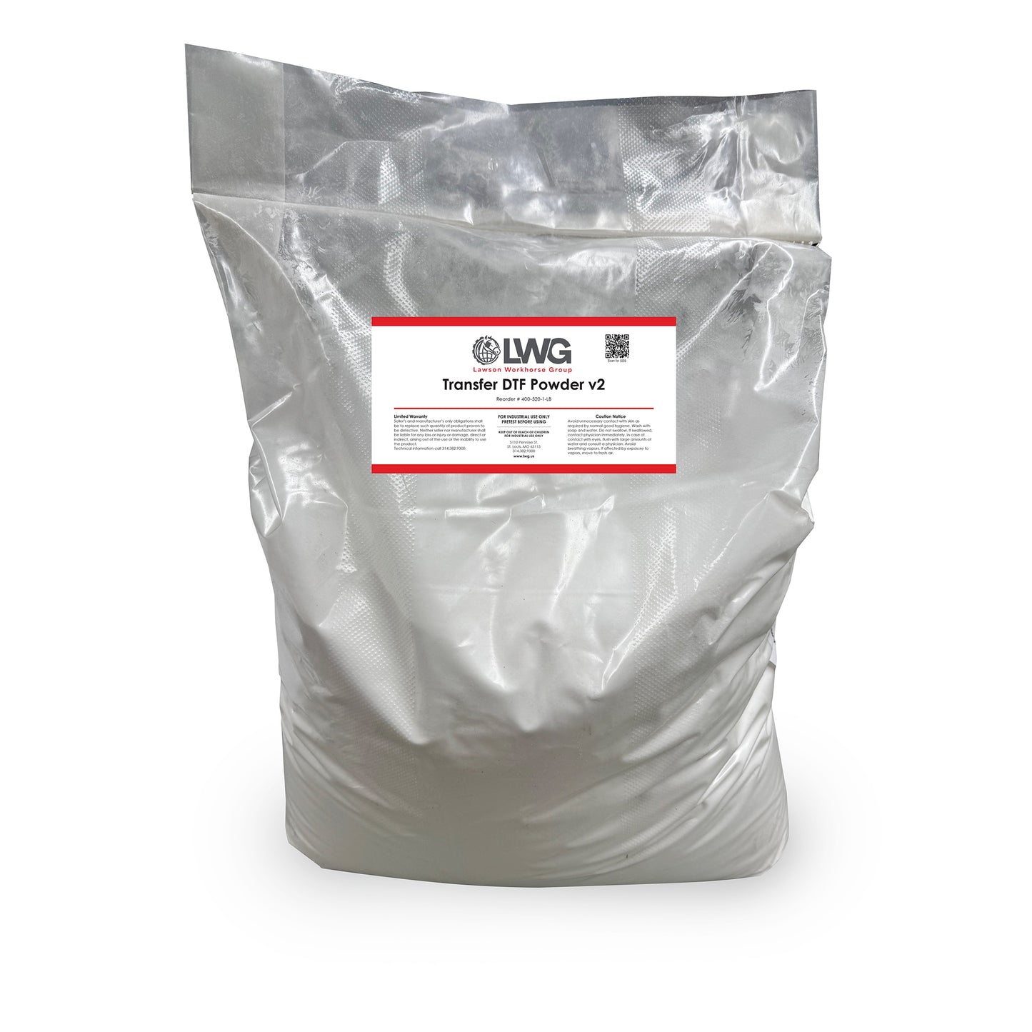 Bag of LWG Transfer DTF Powder v2 with a label on a white background