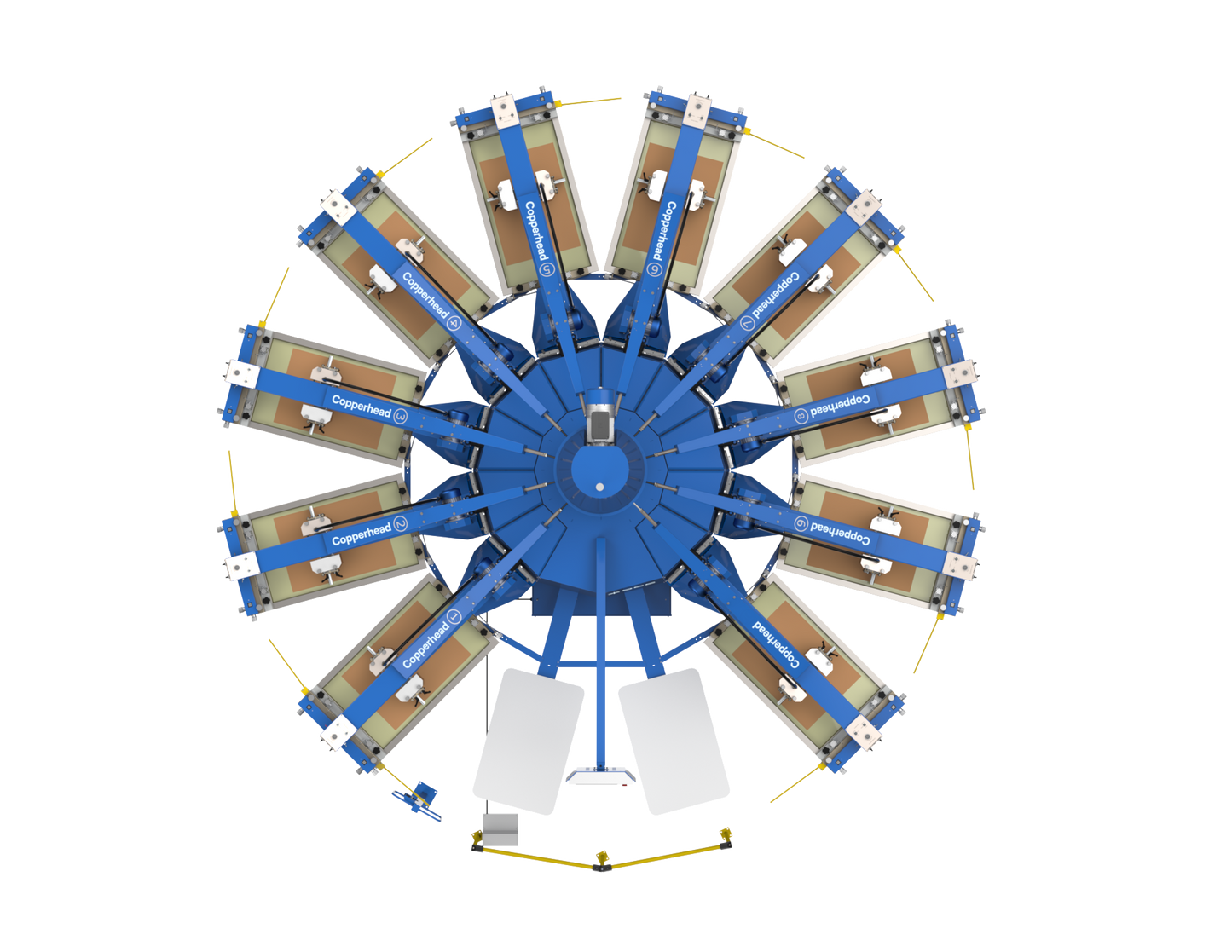 Top-down layout of the Lawson Copperhead Speedmaster high-speed automatic press, highlighting the large-format 10-color station setup and PinPoint registration system for high-volume industrial screen printing.