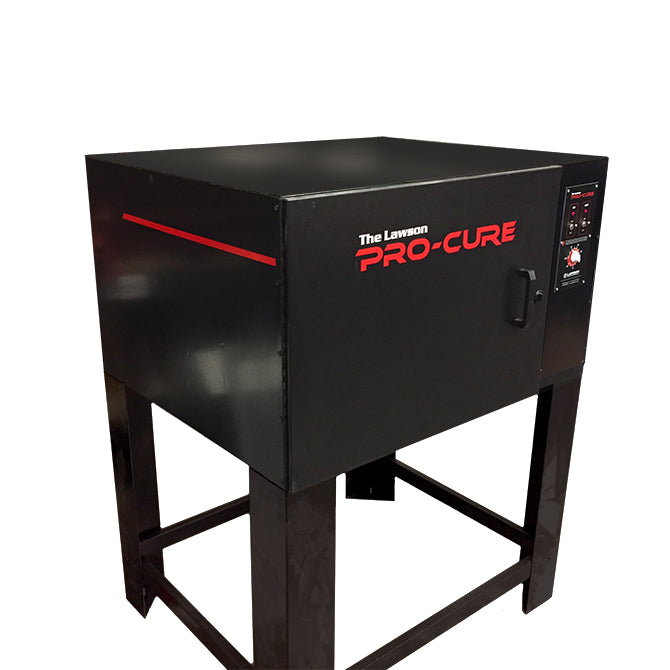 The Lawson Pro-Cure UV light curing machine on a black metal stand, featuring a black cabinet with red branding and a control panel on the right side.