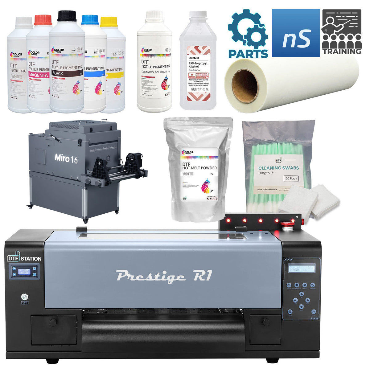 Prestige R1 13" DTF Printer and Miro 16 Max Shaker and Dryer bundle, including neoStampa RIP software, Color Prime inks, powder, film, and maintenance supplies for professional-grade garment transfers.