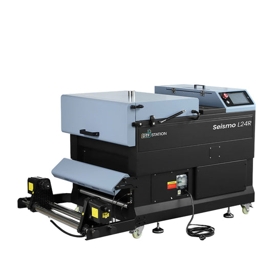 Side perspective of the Seismo L24R DTF Powder Applicator and Dryer, showcasing the industrial build, integrated control panel, and automatic powder recirculation system.