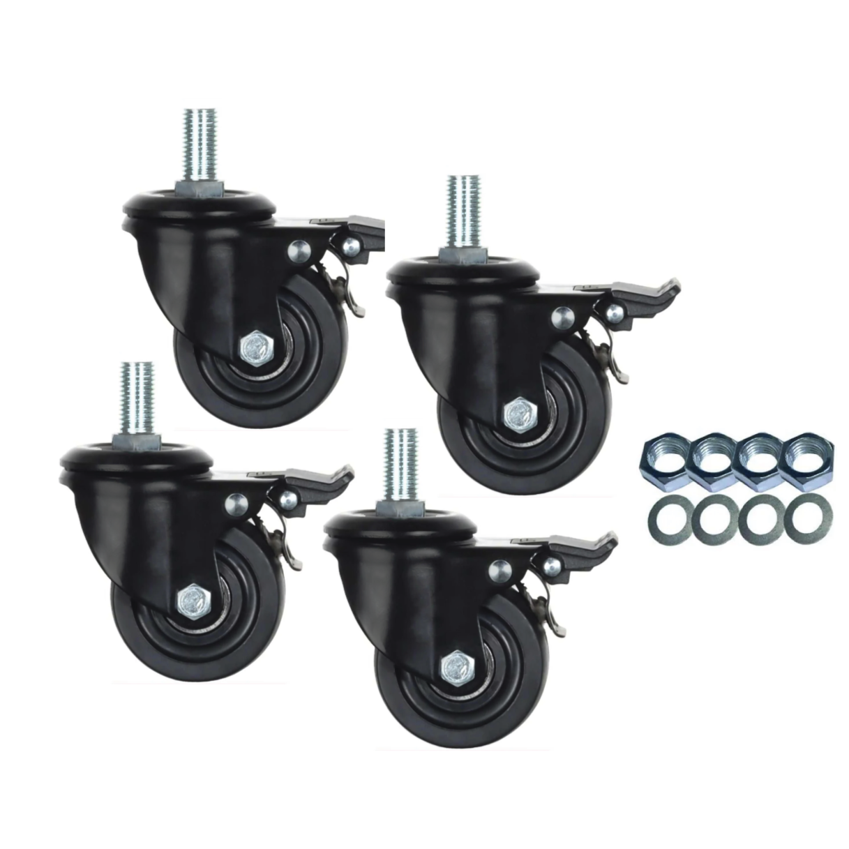 Set of four black caster wheels with brake and additional hardware on a white background