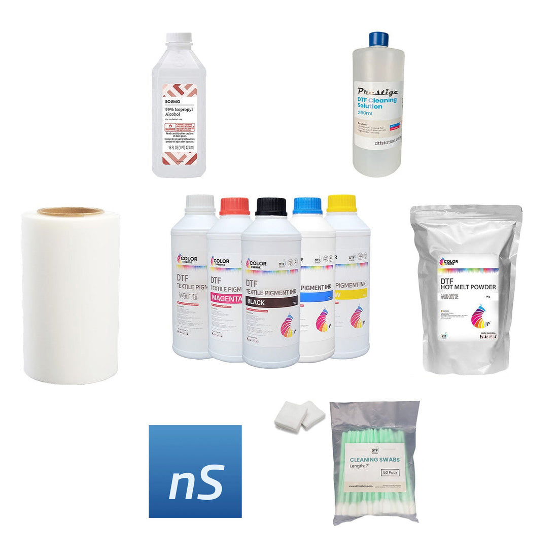 Starter kit of DTF supplies including a 5-color ink set, white powder, cleaning solution, maintenance swabs, and a film roll for industrial garment decoration.