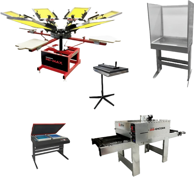 A collage showing several industrial printing and packaging machines on a white background: a red four-color screen printing frame with yellow plates, a stainless steel hood, a black stand, a flatbed printer, and a silver hot air blower.