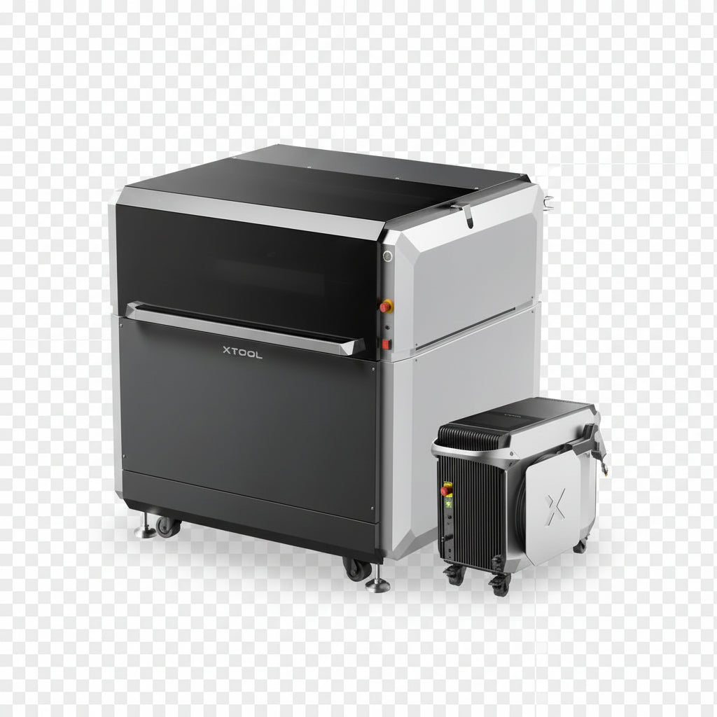 xTool MetalFab 1200W industrial CNC machine bundle, featuring the main enclosed grey and black laser/machining unit on wheels alongside a matching compact auxiliary filtration or power unit, isolated on a white background.