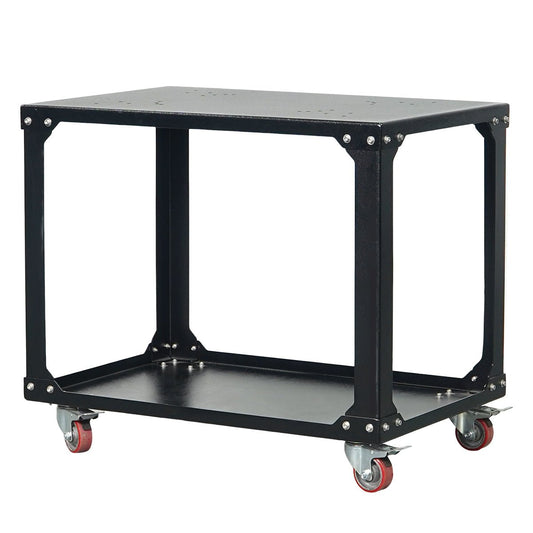 Black metal workbench with wheels on a white background