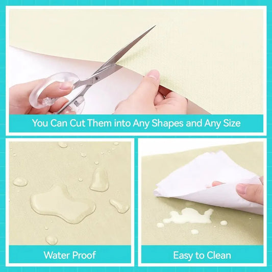 Collage of a person cutting paper with scissors, waterproof text, and easy cleaning text on a light green background.