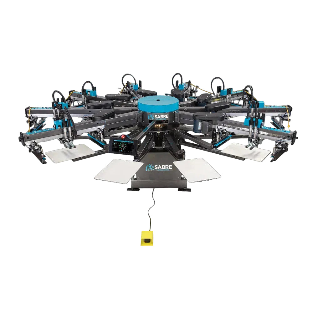 Workhorse Sabre automatic silk screen press featuring patent-pending AC electric indexing and plug-n-go flash capabilities for high-speed commercial garment production