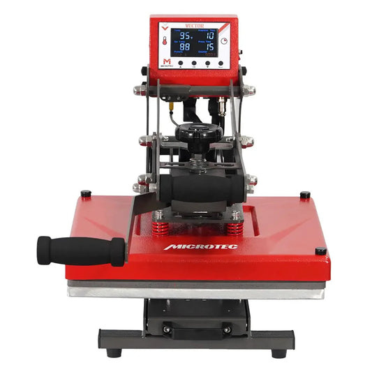 Red heat press machine with digital display on a white background