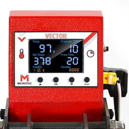 Red machine with digital display and control buttons on a white background