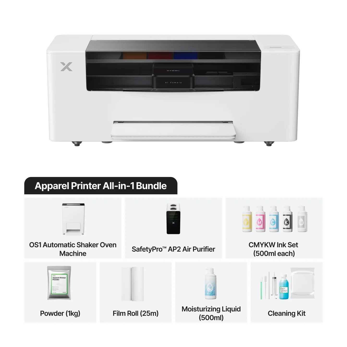 Apparel printer all-in-one bundle with components listed on a white background