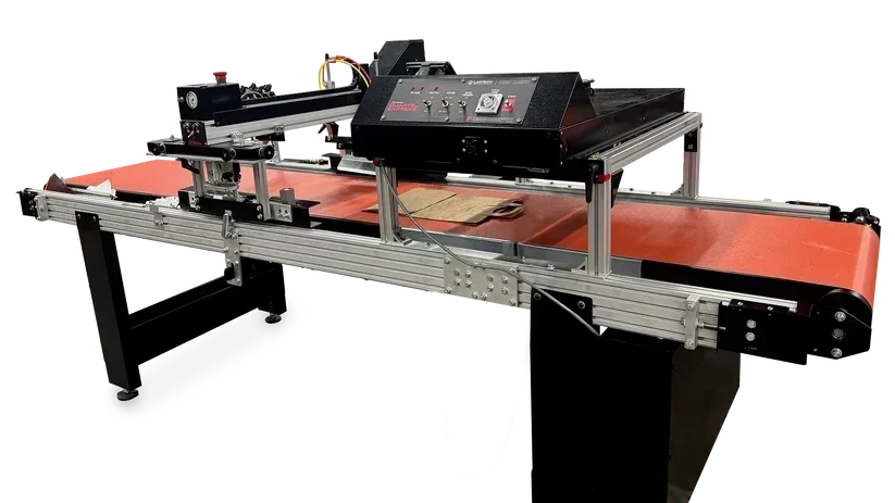 Lawson Belt-Express inline one-color screen printing press with conveyor transport and auto take-off.