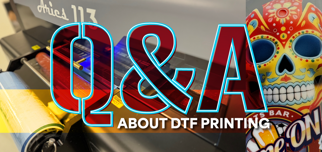Q&A about DTF Printing graphic with colorful skull designs.
