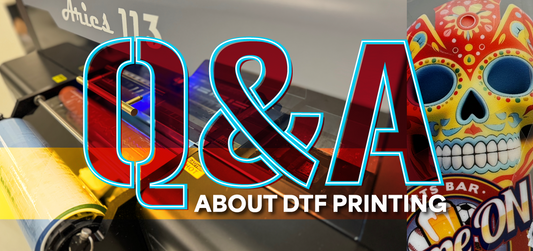 Q&A about DTF Printing graphic with colorful skull designs.