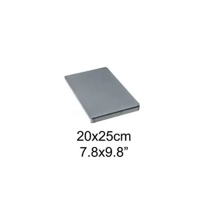 A gray rectangular metal sheet or panel shown at an angle on a white background, with black text below reading 20x25cm and 7.8x9.