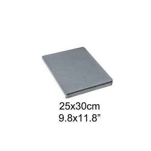 A square gray metal tray or platform shown at an angle on a white background, with text below reading 25x30cm and 9.8x11.8".
