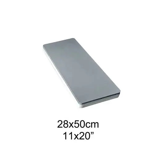 A rectangular gray mat or pad shown at an angle on a white background, with text below reading 28x50cm and 11x20".