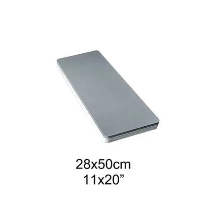 A rectangular gray mat or pad shown at an angle on a white background, with text below reading 28x50cm and 11x20".