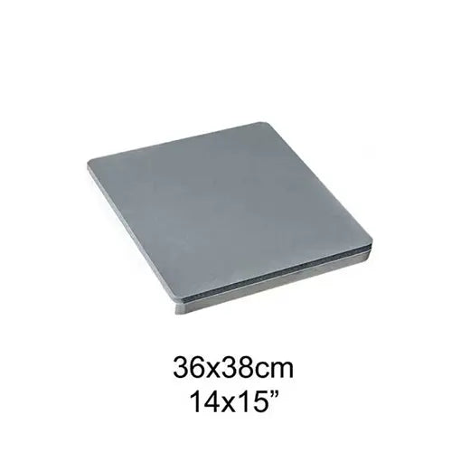 A square gray tile or mat shown at an angle on a white background, with text below reading 36x38cm / 14x15".