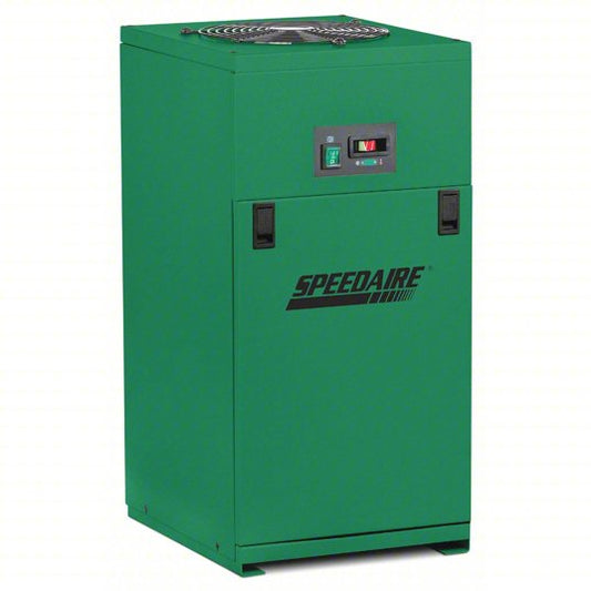 A green industrial air compressor unit with the Speedaire brand logo on the front door, featuring a top-mounted cooling fan, a control panel with a red switch, and black handle cutouts, set against a plain white background.