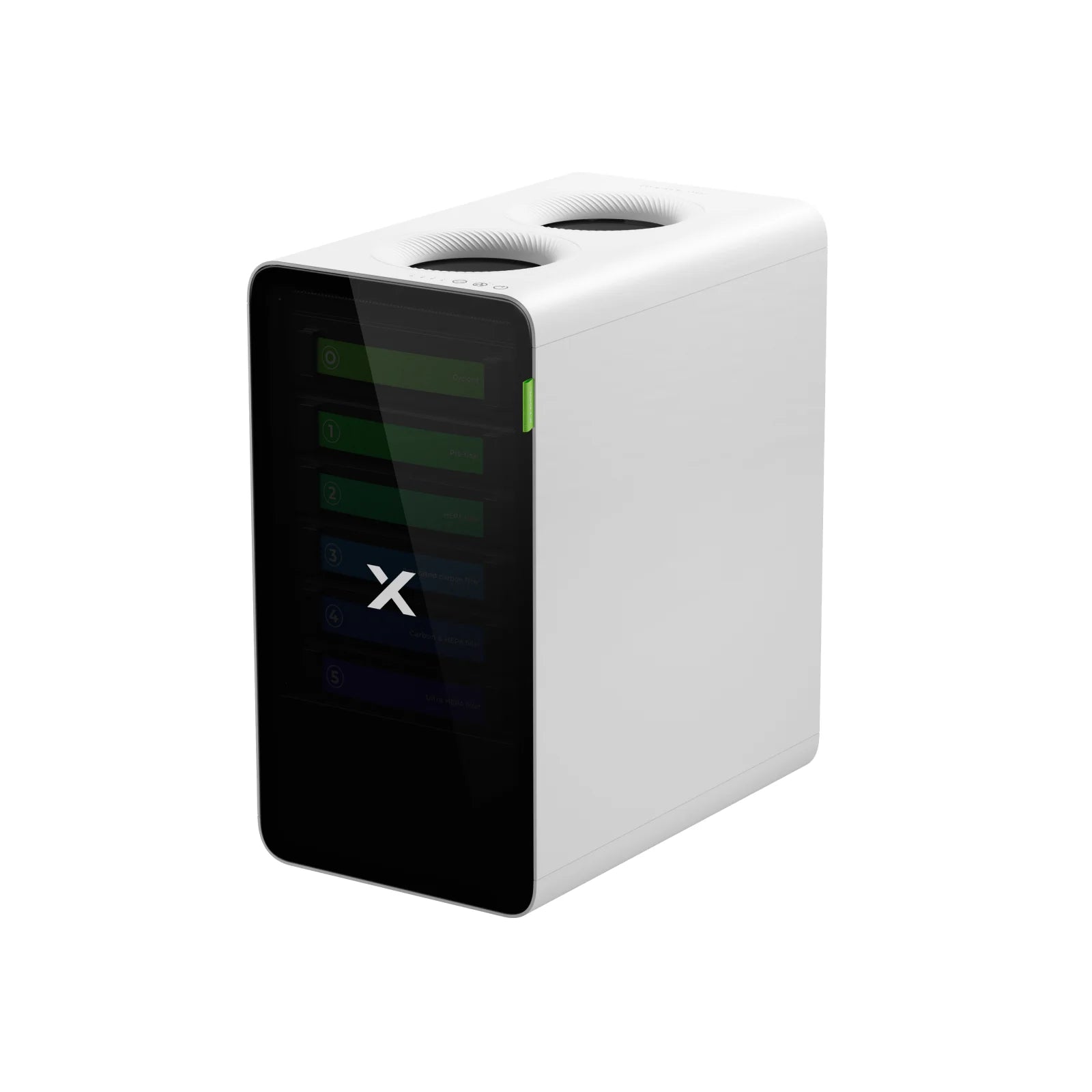 White electronic device with a black front panel on a white background
