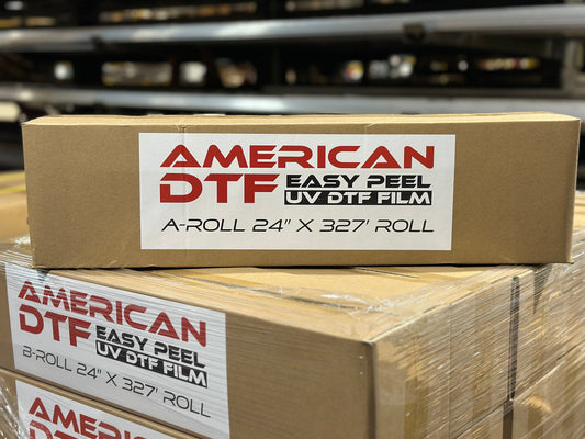 Box of American DTF UV DTF Film with visible branding on a cardboard box.