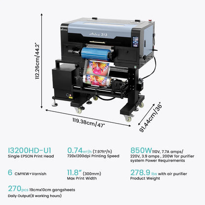 An industrial all-over print machine shown on a light gray background with dimension lines and technical specifications text. The machine is predominantly black with a blue cylindrical component and a small colorful printed sheet emerging from the opening.