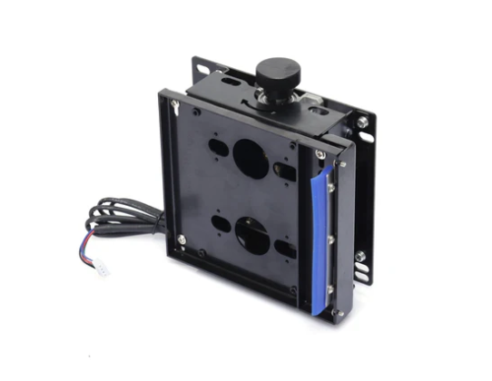 Black mechanical component with a blue ribbon on a white background