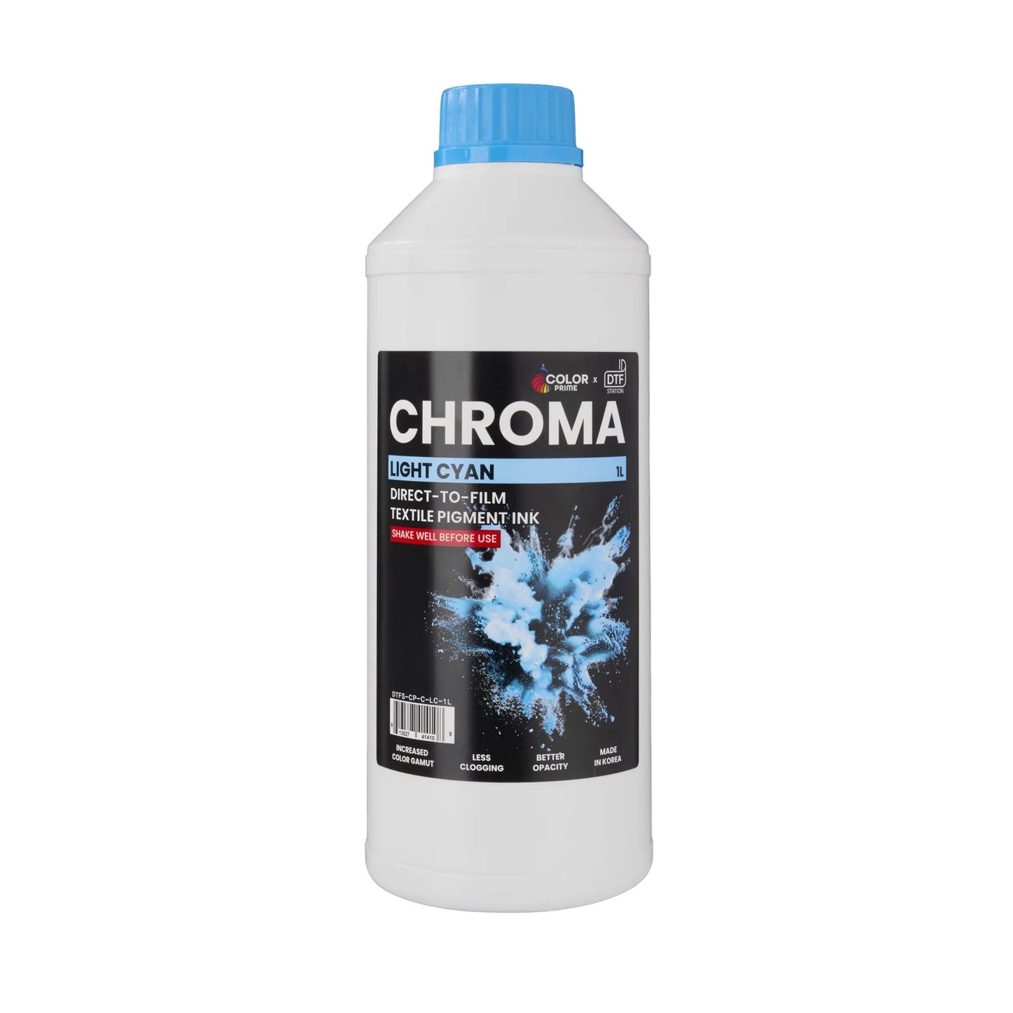 Bottle of Chroma light cyan ink on a white background