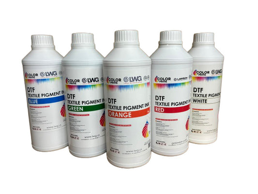 Five bottles of DTF textile pigment ink with labels indicating color and brand on a white background.