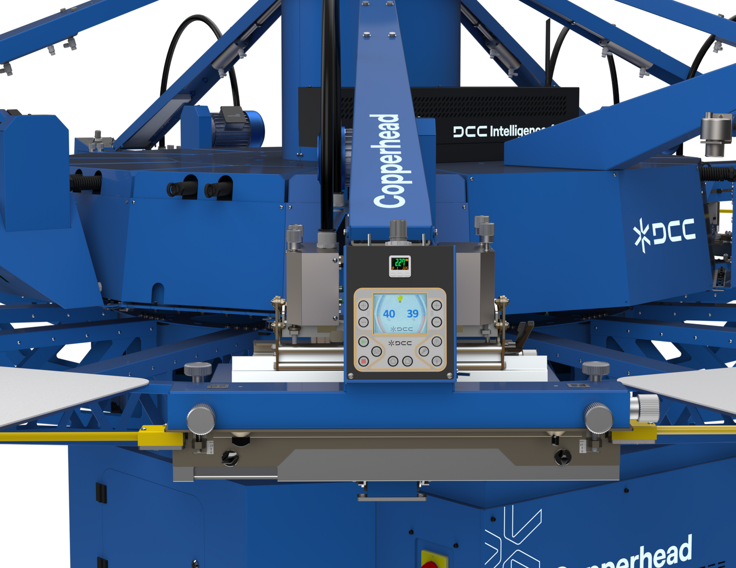 DCC Intelligence 4.0 integrated printhead on the Lawson Copperhead Matrix Di4.0, featuring individual station digital displays, high-speed pneumatic locks, and industrial squeegee pressure regulators for precision screen printing.