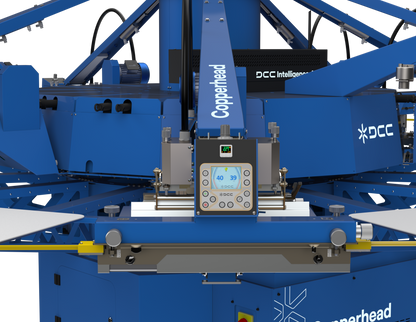 DCC Intelligence 4.0 integrated printhead on the Lawson Copperhead Matrix Di4.0, featuring individual station digital displays, high-speed pneumatic locks, and industrial squeegee pressure regulators for precision screen printing.