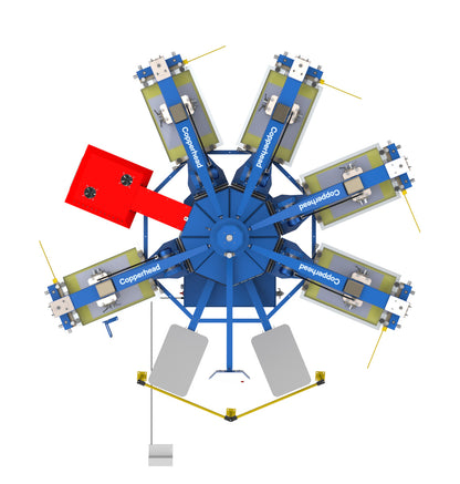 Bird’s-eye view of the DCC Copperhead Flex Plus screen printing machine, highlighting the symmetrical layout of the individual mechanical head lifts and the precision PinPoint registration arms.