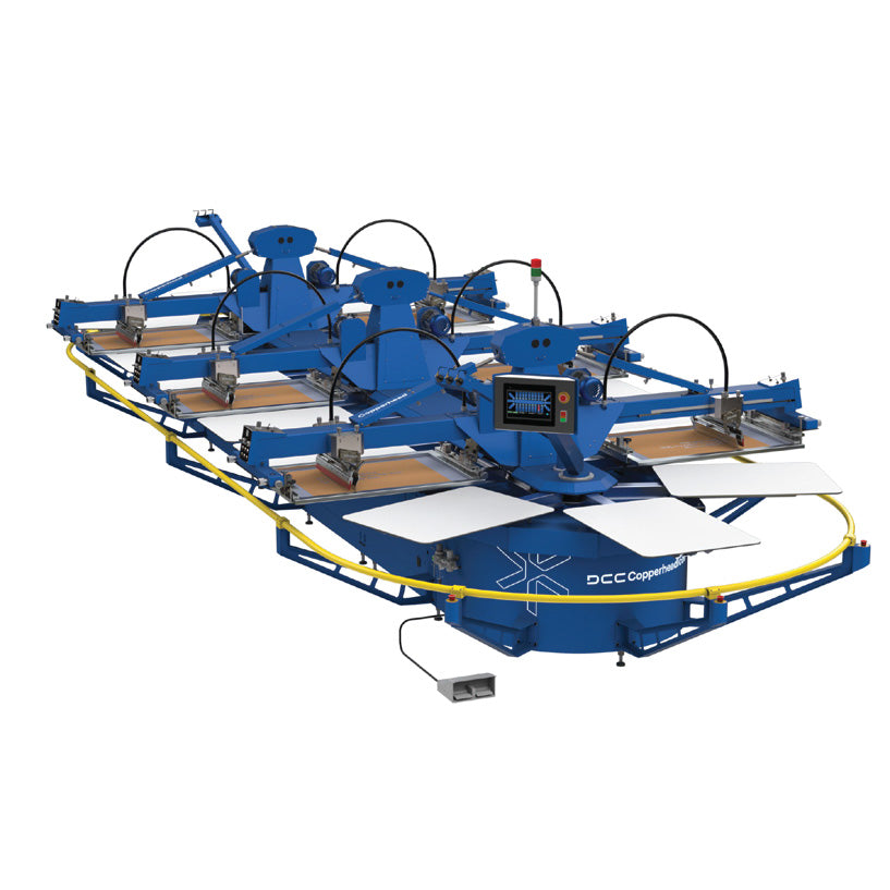 Lawson Copperhead Icon high-definition automatic press, highlighting the servo-driven indexing mechanism, Squeegee Pressure Equalizer System, and modular PFC configuration for specialty textile printing.