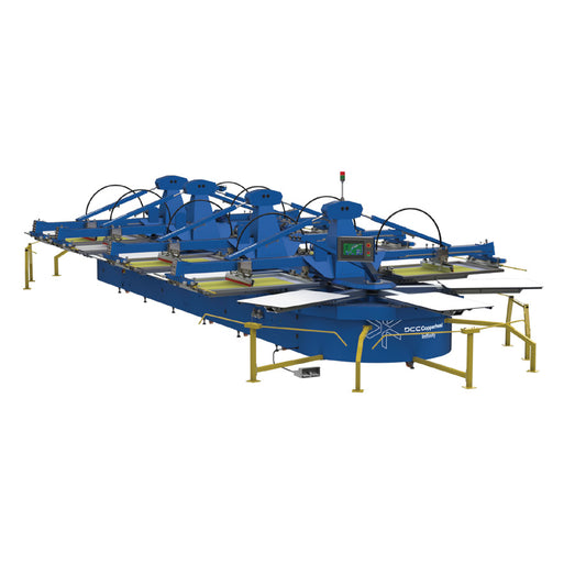 Lawson Copperhead Infinity high-volume oval automatic press, shown in a multi-station configuration with servo-driven indexing and patented squeegee pressure equalizers for precision all-over garment printing.