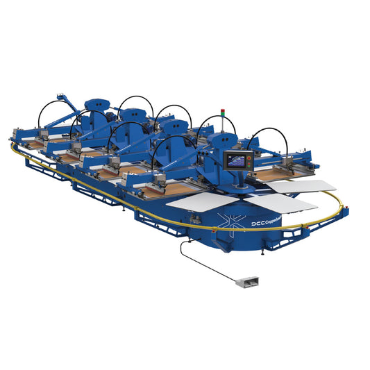 Lawson Copperhead Intel OS high-volume oval press for all-over printing, highlighting the servo-drive indexer, Smart Lube Technology, and patented squeegee pressure equalizer system for precision textile production.