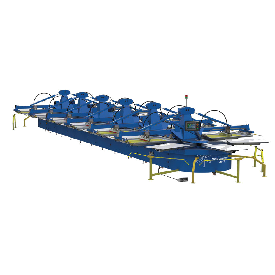 Lawson Copperhead Intel OS high-volume oval automatic press, highlighting the servo-driven indexing, 32 by 48 inch print capacity, and 4-point registration system designed for precision industrial textile printing.