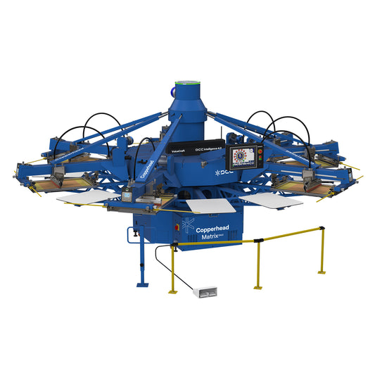 Lawson Copperhead Matrix Di4.0 automatic press with DCC Intelligence 4.0, featuring VoiceCraft audio-assisted technology, SmartCloud remote monitoring, and high-speed servo-driven indexing for industrial textile printing.
