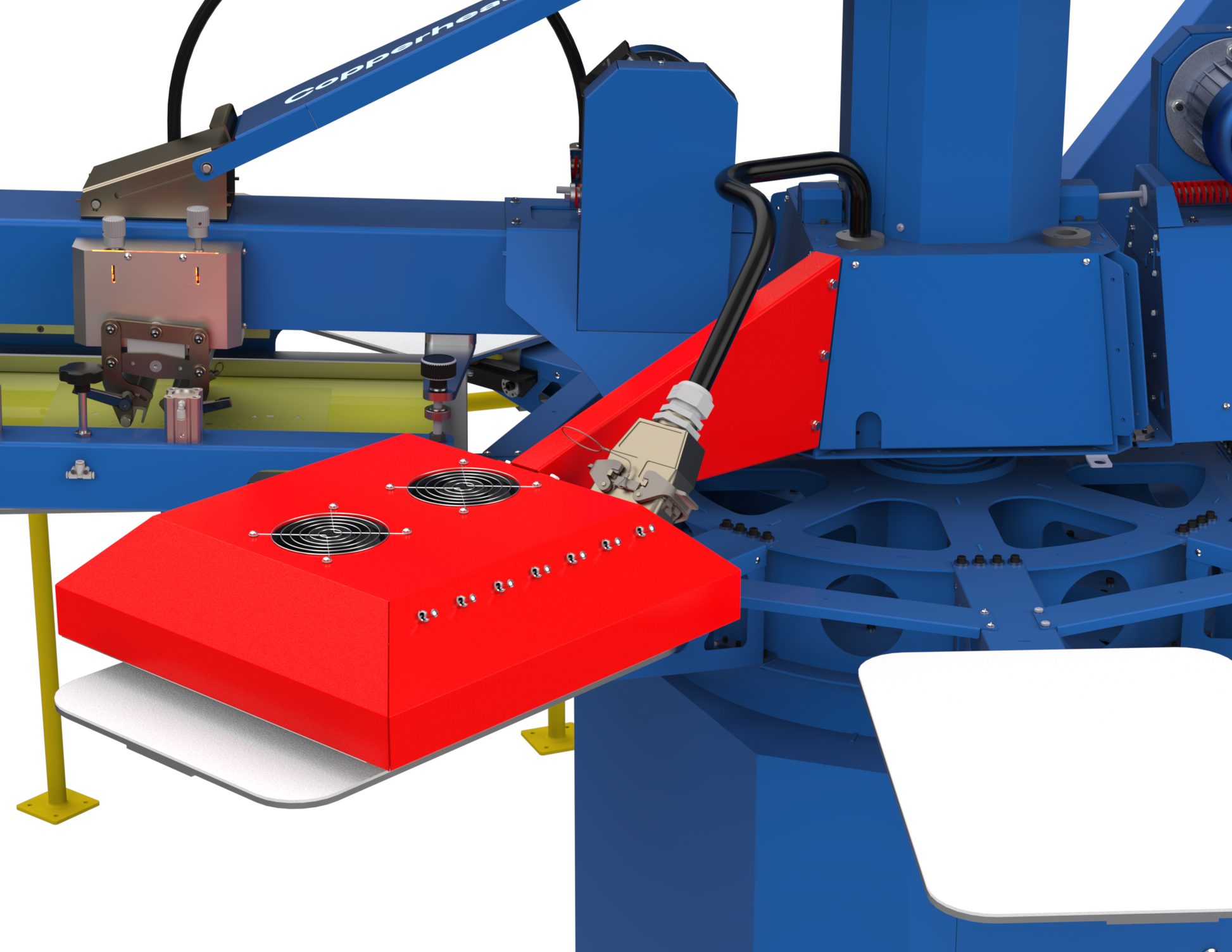 Integrated flash cure station on the Lawson Copperhead ProMax, featuring precision squeegee pressure equalizers and servo-driven heads for high-speed, multi-color automatic screen printing.