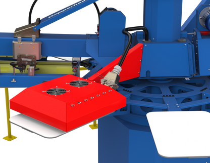 Integrated flash cure station on the Lawson Copperhead ProMax, featuring precision squeegee pressure equalizers and servo-driven heads for high-speed, multi-color automatic screen printing.
