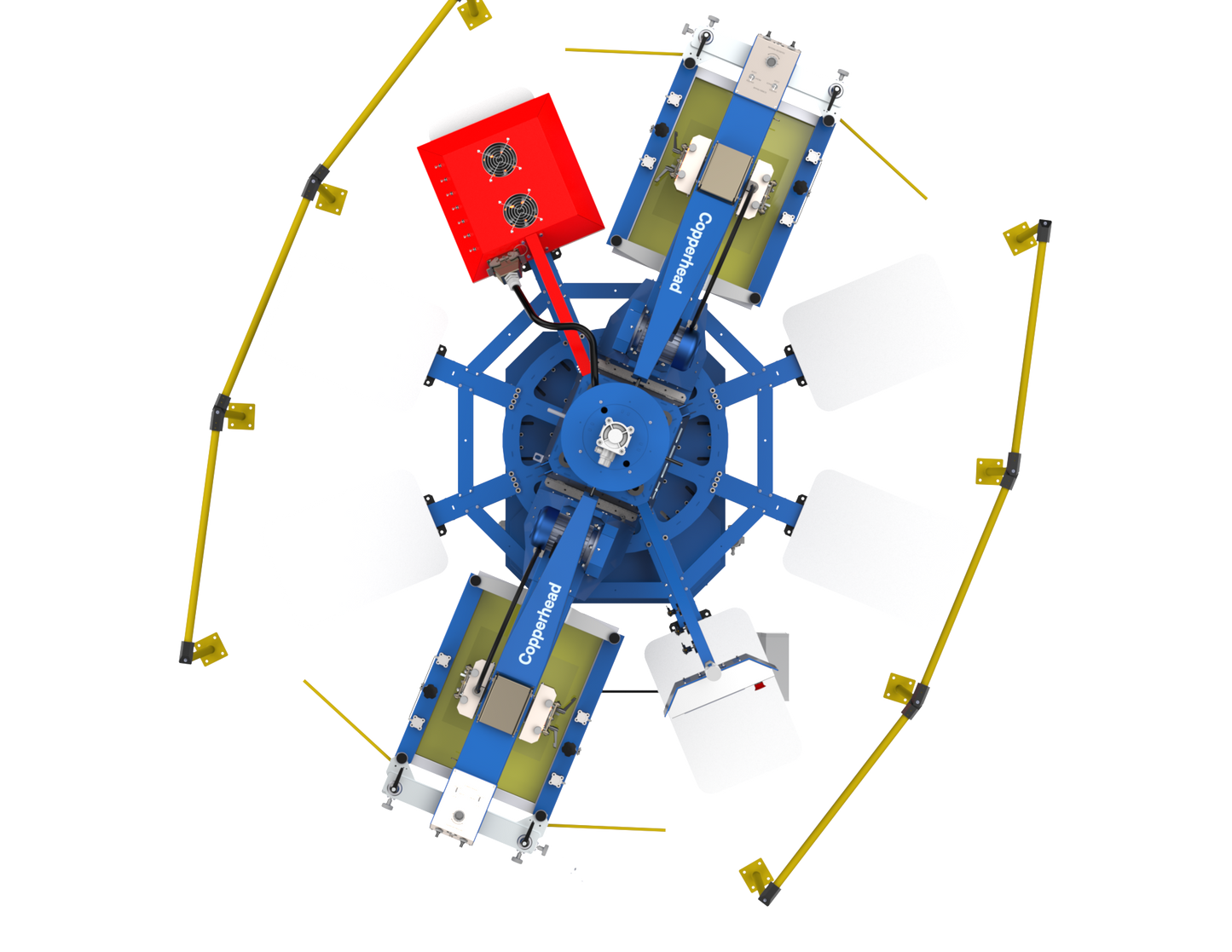 Overhead layout of the Lawson Copperhead ProMax automatic press, highlighting the compact circular footprint and the 8-station, 3-color configuration designed for high-speed textile production.