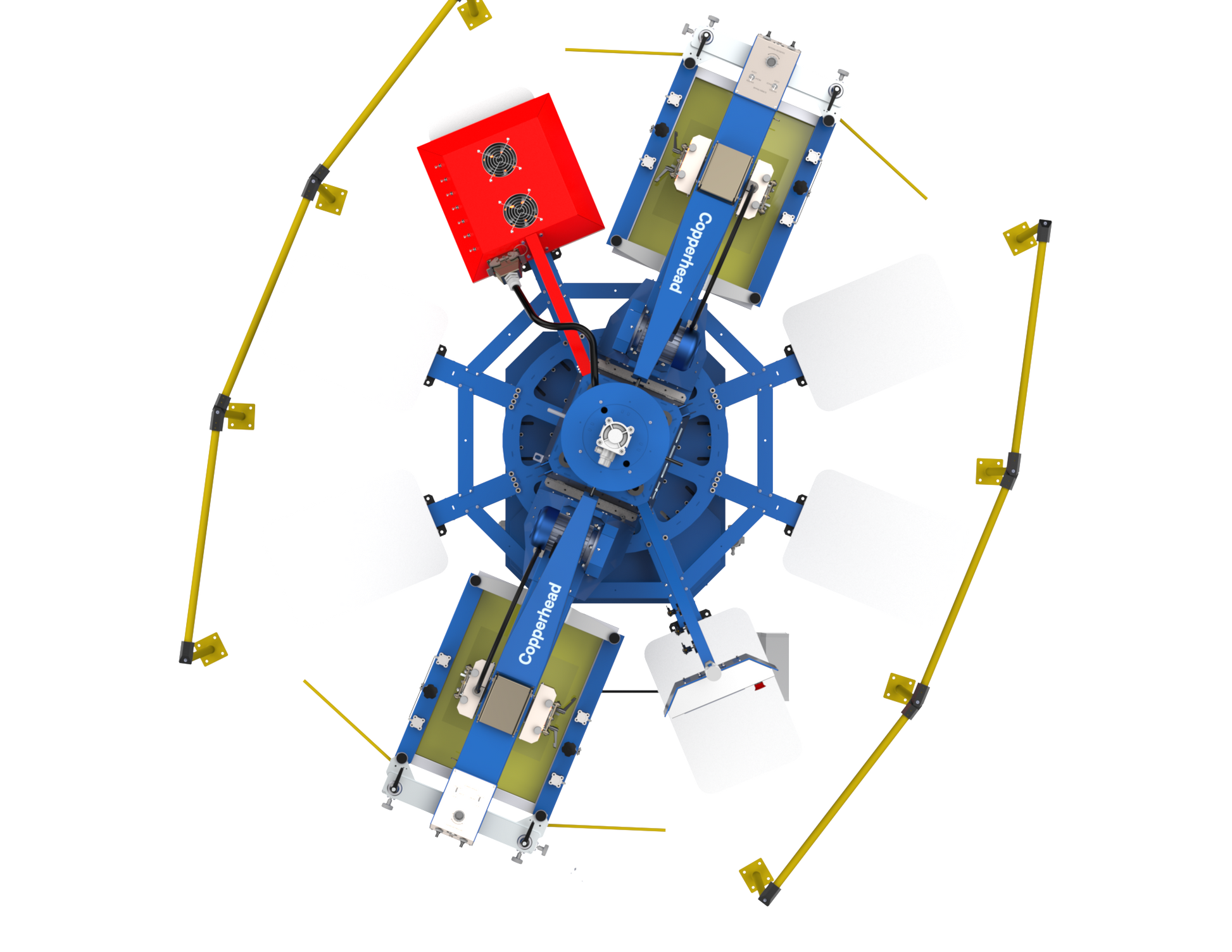 Overhead layout of the Lawson Copperhead ProMax automatic press, highlighting the compact circular footprint and the 8-station, 3-color configuration designed for high-speed textile production.