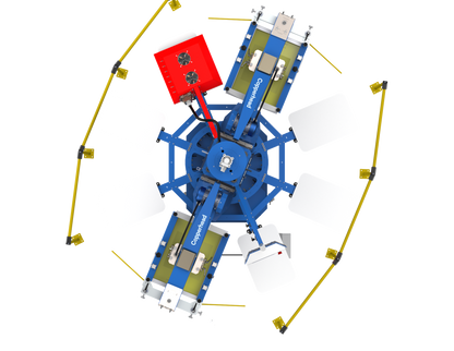 Overhead layout of the Lawson Copperhead ProMax automatic press, highlighting the compact circular footprint and the 8-station, 3-color configuration designed for high-speed textile production.