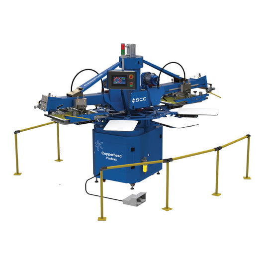 Lawson Copperhead ProMax high-speed automatic press, showcasing the electric indexing system, servo-driven printheads, and squeegee pressure equalizer system for precision textile printing at 1340 pieces per hour.