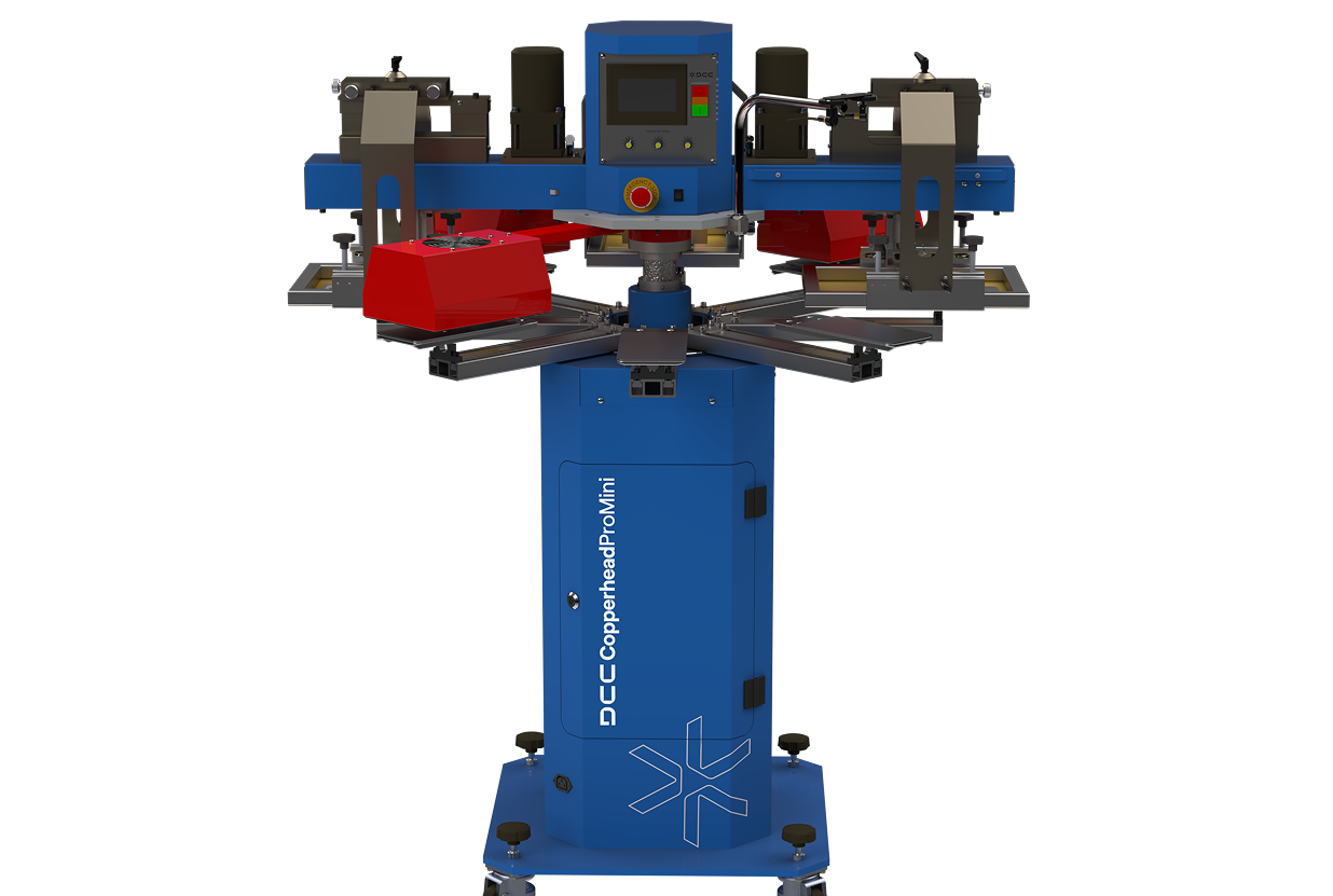Lawson Copperhead ProMini all-electric automatic press for small-format printing, highlighting the compact 10-station configuration, three-point registration system, and high-speed indexing capable of 1975 pieces per hour.