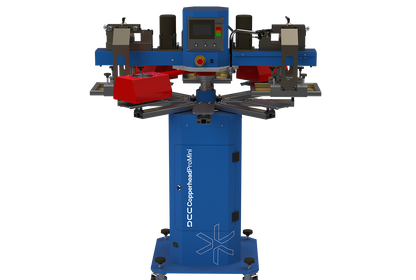 Lawson Copperhead ProMini all-electric automatic press for small-format printing, highlighting the compact 10-station configuration, three-point registration system, and high-speed indexing capable of 1975 pieces per hour.