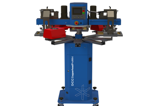 Lawson Copperhead ProMini all-electric automatic press for small-format printing, highlighting the compact 10-station configuration, three-point registration system, and high-speed indexing capable of 1975 pieces per hour.